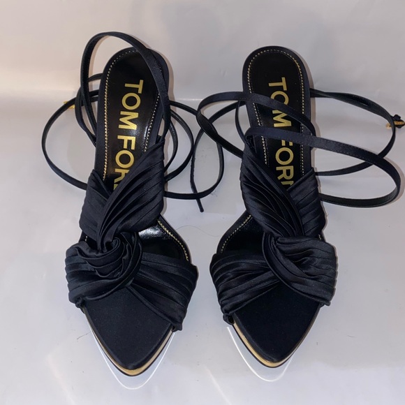 TOM FORD Pleated Satin Ankle-Wrap Platform Sandals - Black Size 37 NWT - Picture 4 of 17